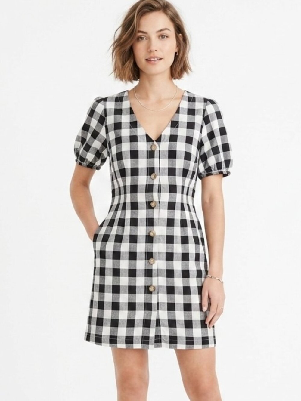 Loft Womens Gingham Dress 4 Black & White Button V-Neck Linen Puff Sleeve Sheath